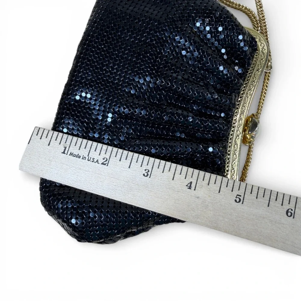 Whiting and Davis Vintage Bag Black Metal Mesh Rhinestone Gold Frame Pearl Clasp